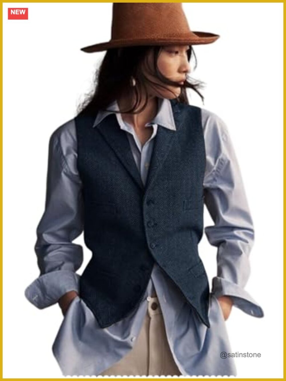 Women's Herringbone Tweed Waistcoat Sleeveless V-Neck Lapel Suit Vest with